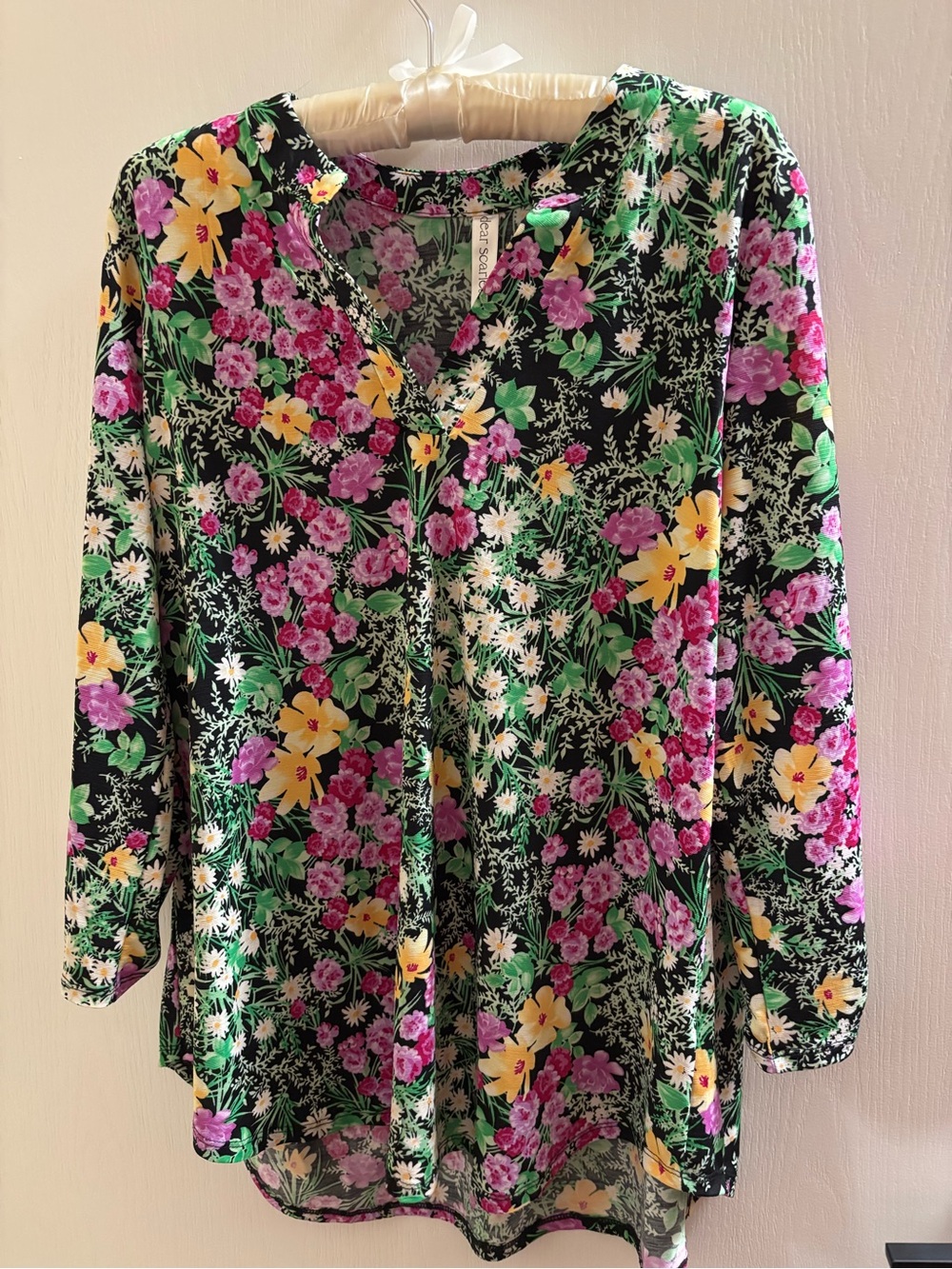 Dear Scarlett Floral V-Neck Long-Sleeve Blouse in Black w/Pink & Yellow Flowers.